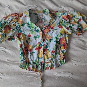 LC Lauren Conrad Colorful Fruit Print Puff Sleeve Blouse